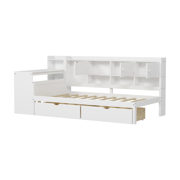 Wooden L-Shape Daybed with Seven Storage Cabinets and Two Storage Drawers, Multi-functional Bed with Study Desk and Built-in Bookshelf, White