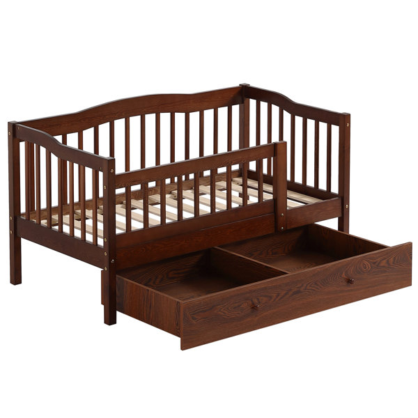 FCH Vertical Fence Brown Painted Pine Toddler Bed with Bottom Drawer and Side Car Bed