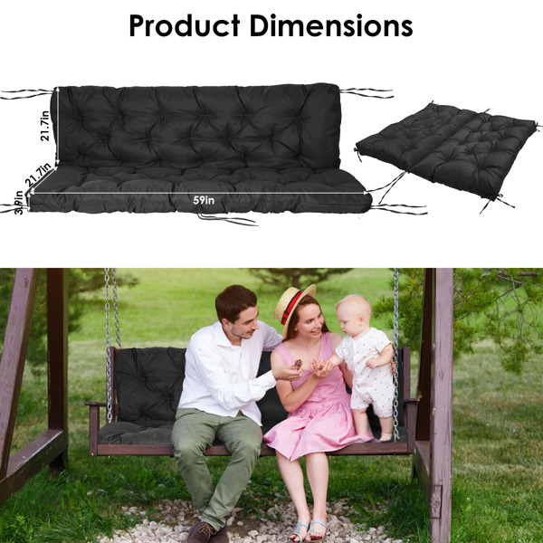 Swing Replacement Seat Cushions, Cushions for Outdoor Furnitur with Backrest, Garden Recliner Waterproof Porch Swing Cushions with Backrest 8 Tie Straps 59x43.3x3.9in for Patio Furniture--Black