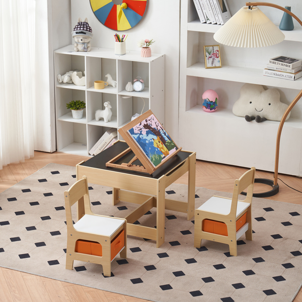 Children's Wooden Table And Chair Set With Two Storage Bags (One Table And Two Chairs)