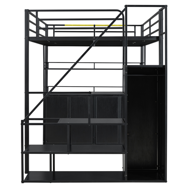 Full Size Metal Loft Bed with Storage Staircase and Wardrobe,Shelves and Lockers,Black