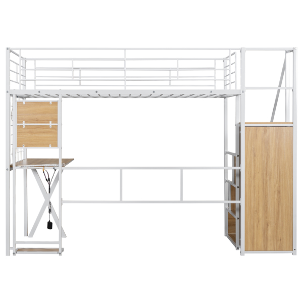 Twin Size Metal Loft Bed with Built-in Work Station, Wardrobe, Storage Staircase and LED, White