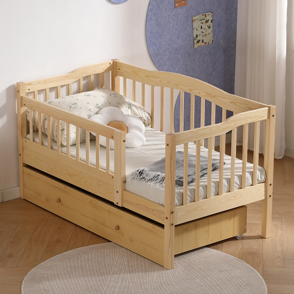 FCH Vertical Fence Wood Painted Pine Toddler Bed with Bottom Drawer and Side Car Bed