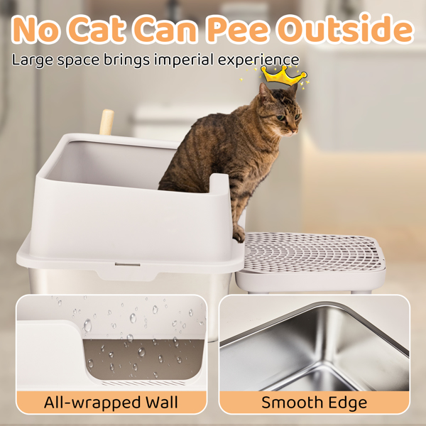 Stainless Steel Cat Litter Box with Lid, Extra Large Litter Pan with High Sides for Big Cats, Kitty Litter Box with Pedal Filter and Scoop, No Odor, Non-Sticky, Anti-Leakage, Easy Cleaning, White