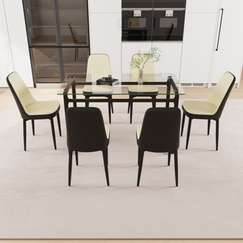 51\\" 6 person glass dining table set, kitchen set with black metal leg dining table and chairs, modern rectangular tempered glass tabletop and dining room thick cushioned PU dining chair 