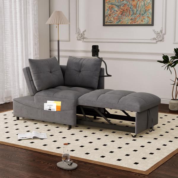 1 versatile foldable sofa bed in 3 lengths, modern sofa sofa sofa velvet pull-out bed, loveseat sofa adjustable back and with USB port and swivel phone stand,Grey