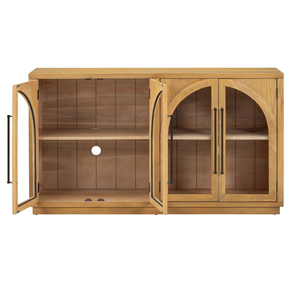 4-Door Large Storage Sideboard Buffet Cabinet with Glass Doors, Arched Cabinet with Adjustable Shelves for Kitchen, Dining Room and Living Room (Natural Wood)