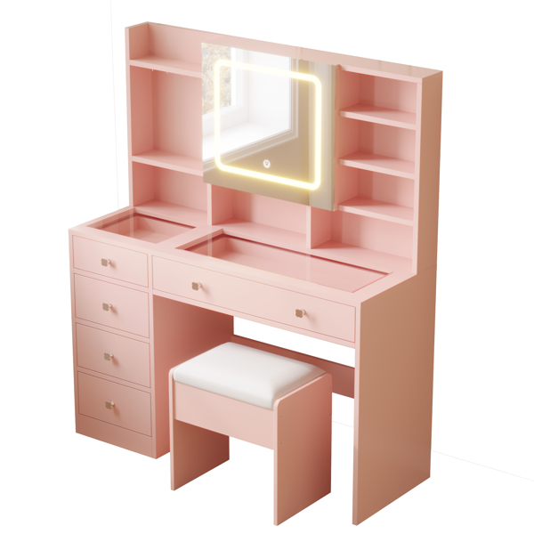 Apple Pink Textured Particle Board with Melamine Laminate, Tempered Glass Top, Five-Drawer Dressing Table Set with Shelves, Hooks, Power Strip, and LED Three-Color Dimmable Light