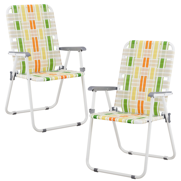 Set of 2 Webbed Folding Beach Chairs, Outdoor Patio Lawn Foldable Chairs for Camping Fishing Yard Poolside BBQ, Yellow & Green