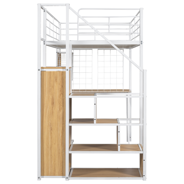 Twin Size Metal Loft Bed with Built-in Work Station, Wardrobe, Storage Staircase and LED, White