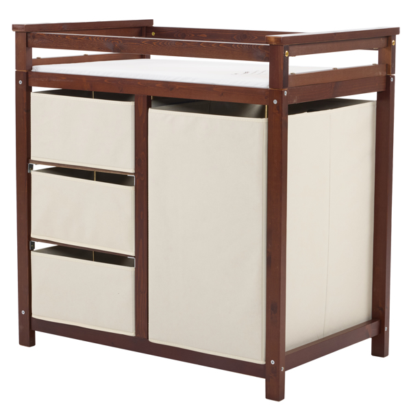 FCH Wooden Frame Removable Top Brown Painted Pine Children's Cot with 3 Fabric Drawers + 1 Fabric Bag