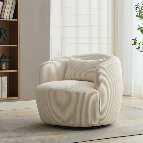 34.25 "Wide Upholstered Corduroy Metal Base 360° Swivel Barrel Soft Chair with Pillow, for Club, Living Room, Bedroom, Office as well as Reading Armchair, Ivory.