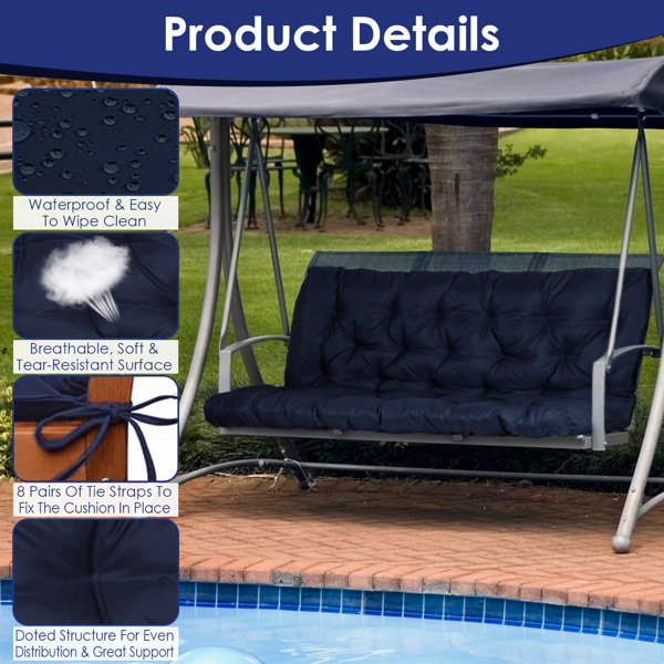 Swing Replacement Seat Cushions, Cushions for Outdoor Furnitur with Backrest, Garden Recliner Waterproof Porch Swing Cushions with Backrest 8 Tie Straps 59x43.3x3.9in for Patio Furniture--NavyBlue