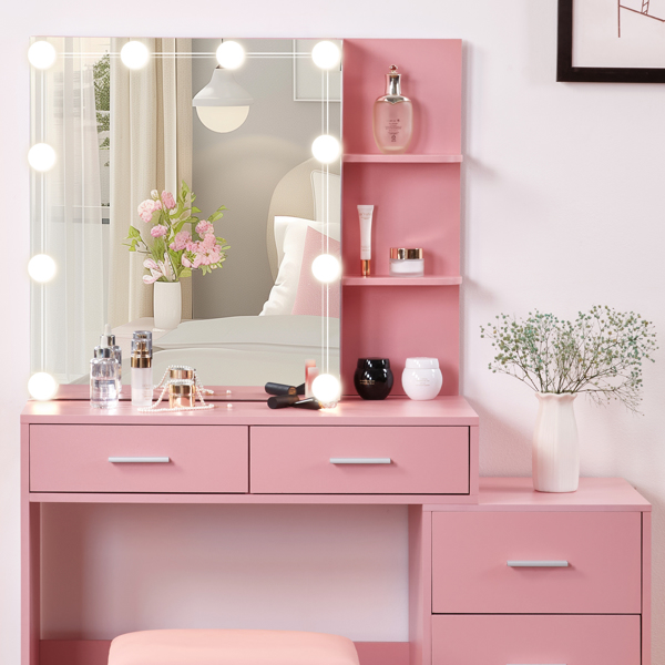 Pink Textured Particle Board with Melamine Laminate Five-Drawer Two-Shelf Sliding Door Mirror Cabinet Dressing Table Set with Three-Color Dimmable Bulb