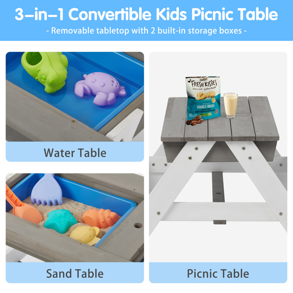 3-in-1 Kids Outdoor Wooden Picnic Table With Umbrella, Convertible Sand & Wate, Gray ASTM & CPSIA CERTIFICATION 