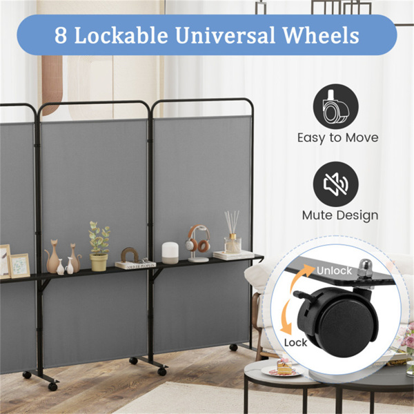 3-Panel Folding Divider with Lockable Wheels and 3 Metal Shelves Grey