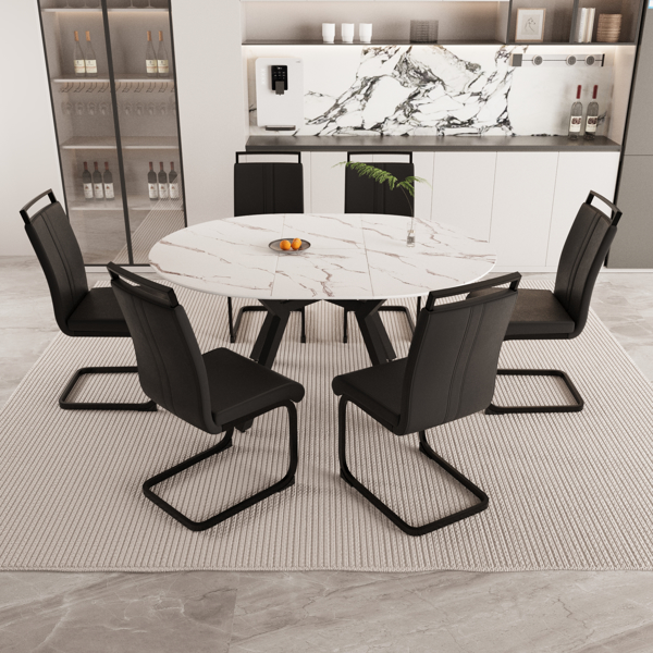 47-63" expandable circular dining table set for 4-6 people, equipped with 6 C-shaped tubular cushioned armless dining chair and an spacious dining table kitchen table and chair set, with metal legs 