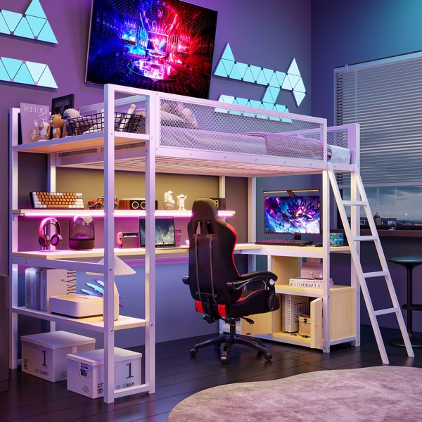 Twin Size Metal Loft Bed with Built-in Work Station, LED and Multiple Storage, White