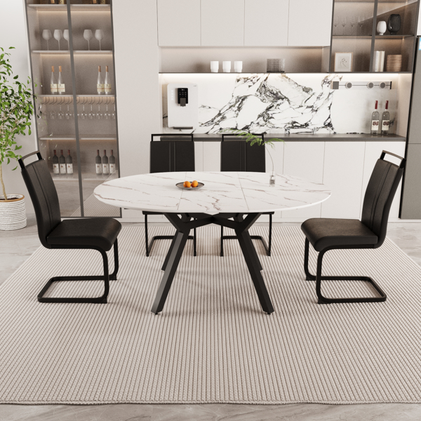 47-63" expandable circular dining table set for 4-6 people, equipped with 4 C-shaped tubular cushioned armless dining chair and an spacious dining table kitchen table and chair set, with metal legs 