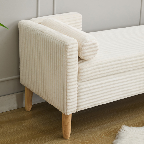 65.35"Wide Corduroy Storage Soft Bench with Armrests, Backrest and Two bolster Pillows for Living Room, Entryway and Bedroom. Ivory