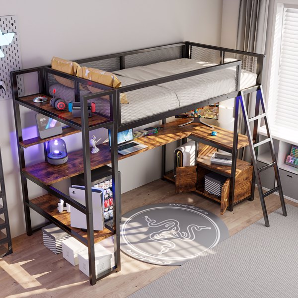 Twin Size Metal Loft Bed with Built-in Work Station, LED and Multiple Storage, Black