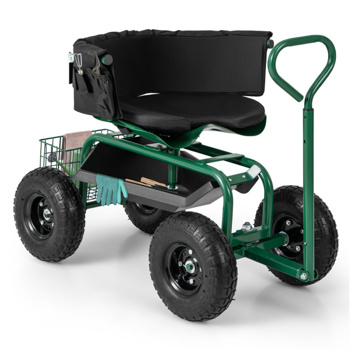 Garden Cart Height Adjustable Scooter with Swivel Seat & Tool Storage Green