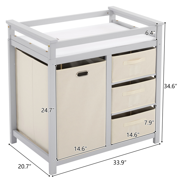 FCH Wooden Frame Removable Top Gray Painted Pine Children's Cot with 3 Fabric Drawers + 1 Fabric Bag