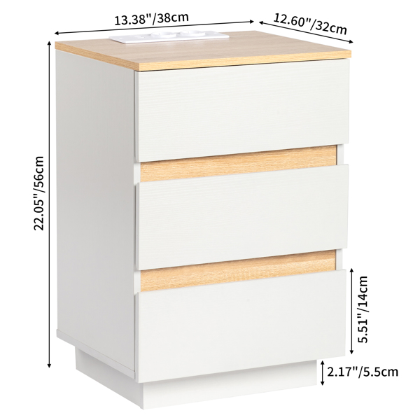 FCH embossed white + embossed oak E1 particle board 12MM handle-free 38*32*56cm 3 drawers bedside table European standard socket 1pc