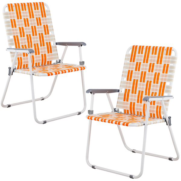 Set of 2 Webbed Folding Beach Chairs, Outdoor Patio Lawn Foldable Chairs for Camping Fishing Yard Poolside BBQ, Orange & White