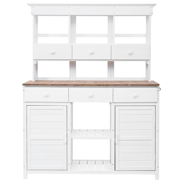 [Assembly Video Provided] 65.7'' H Tall Garden Potting Bench Table with Hutch,Patio Storage Workstation with 3 Shelves,6 Drawers,2 Bottom Cabinets&Side Hooks for Mudroom,Doorway, White