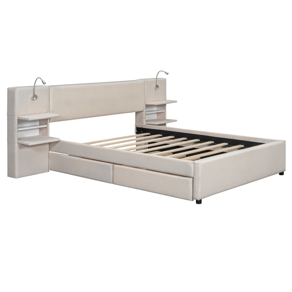 Queen Size Upholstered Platform Bed with Reading Lights, Drawers, Trundle and Shelves, Beige