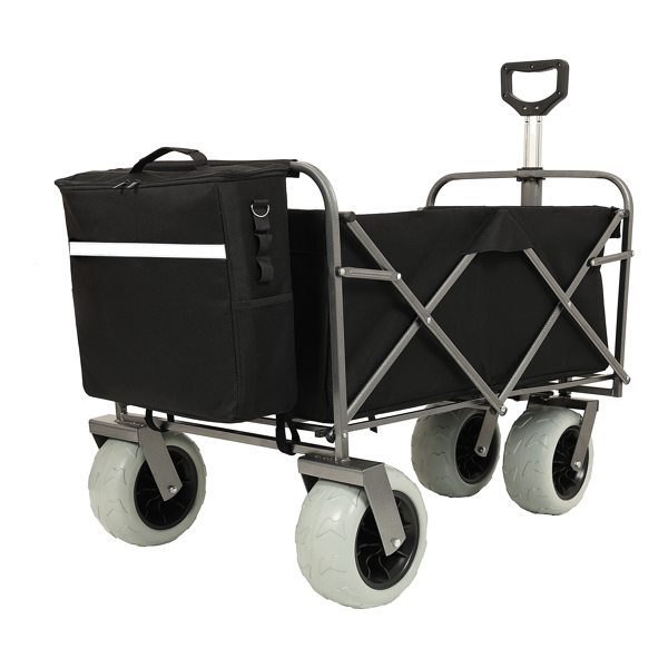 Beach Wagon with Big Wheels for Sand 500lbs capacity - All Terrain Steel Frame Utility Cart with 9" Pneumatic Tires, Collapsible Folding Design ,strap with multiuse bag ,black