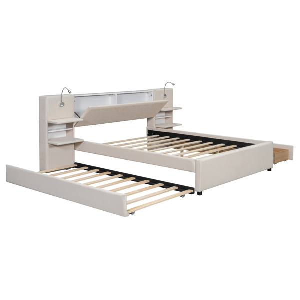 Queen Size Upholstered Platform Bed with Reading Lights, Drawers, Trundle and Shelves, Beige