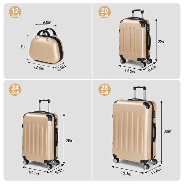 FCH Corner-Protected Four-Piece Set ABS Luggage Including 20in, 24in, 28in Suitcases + 12in Hand-Carry Case - ABS with Steel Telescopic Handle in Fashionable Champagne Gold