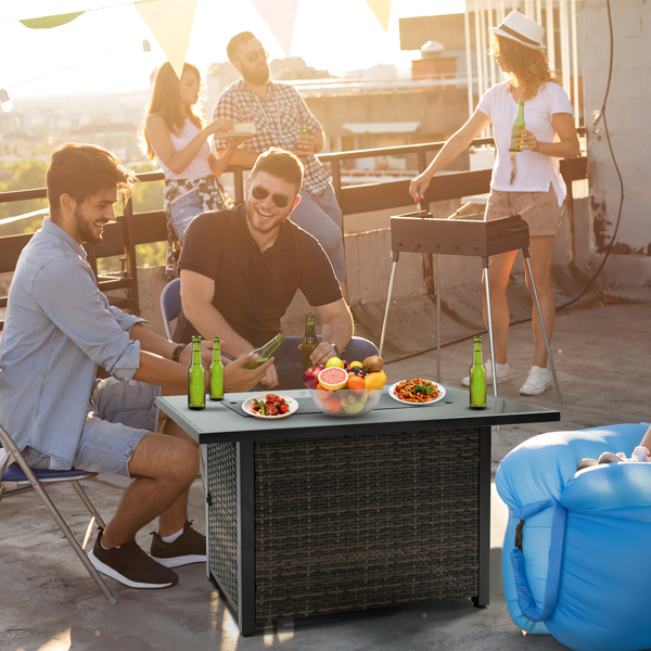 Outdoor Fire Pit 50,000 BTU Propane Gas Fire Table with Lid Fireplace with Glass Wind Guard Wicker Base for Garden, Patio, Backyard, 44"