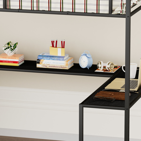 Full Size Metal Loft Bed with L-shaped Desk, LED Lights, Charging Cradle, LED Loft Bed Frame, Full Size Bed with One Cabinet Wardrobe and 2 Fabric Drawers, Safety Rails and Ladder, Black