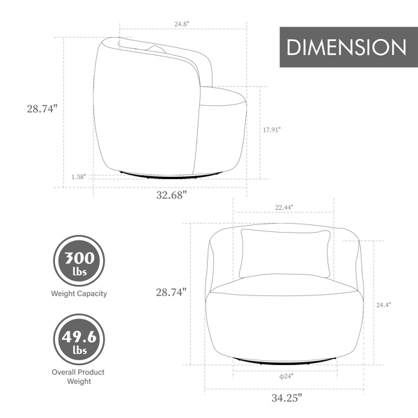 34.25 "Wide Upholstered Corduroy Metal Base 360° Swivel Barrel Soft Chair with Pillow, for Club, Living Room, Bedroom, Office as well as Reading Armchair, Ivory.