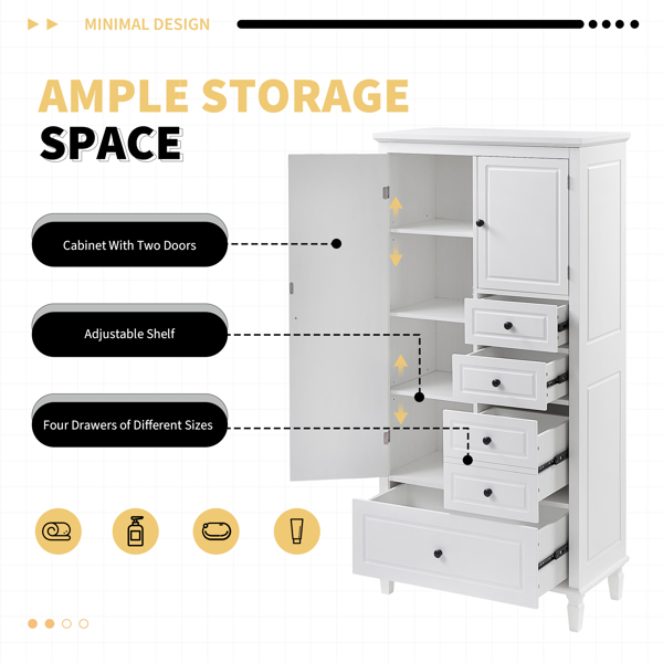 Tall and Wide Storage Cabinet with Doors for Bathroom/Office/Living Room/Indoor, Four Drawers of Different Sizes, Adjustable Shelves, White