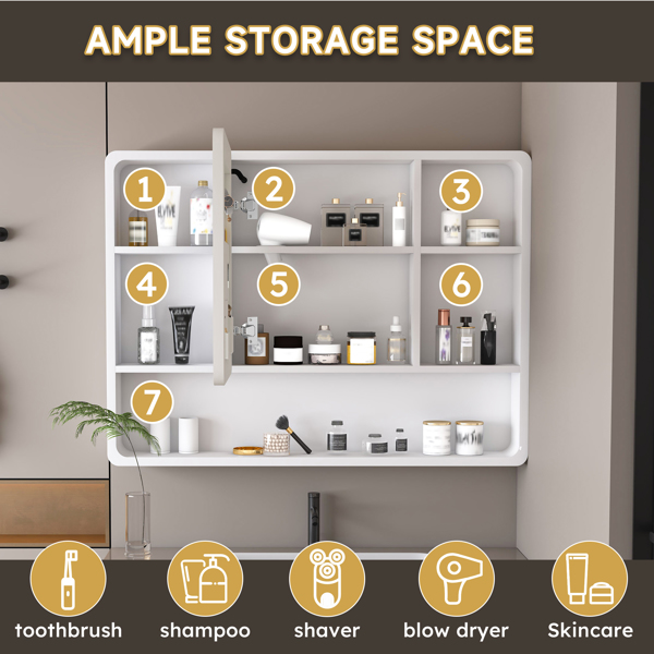 铝制药柜镜，35 x 28 英寸药柜，带 3 种颜色的 LED 灯和除雾功能，浴室镜柜，带化妆品收纳架和吹风机支架，白色-10