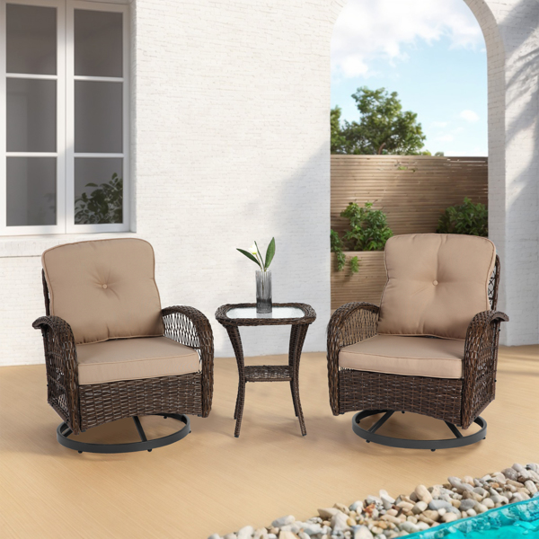 3 Pieces Outdoor Swivel Rocker Patio Chairs, 360 Degree Rocking Patio Conversation Set with Thickened Cushions and Glass Coffee Table for Backyard, Khaki