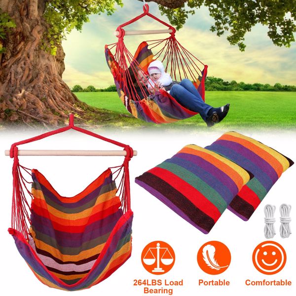 Hammock Hanging Chair Canvas Porch Patio Swing Seat Portable Camping Rope Seat Wooden Stick Hammock Chair with 2 Pillows 265LBS Load-bearing