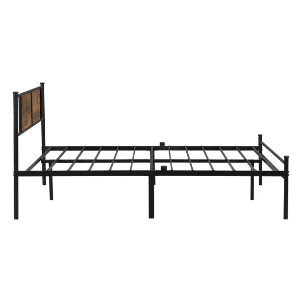 Full Size metal bedframe,Headboard with wood panel decoration,black