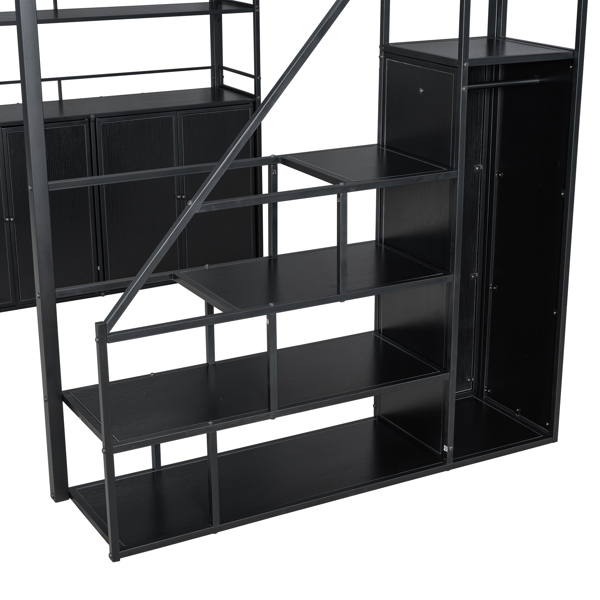 Full Size Metal Loft Bed with Storage Staircase and Wardrobe,Shelves and Lockers,Black