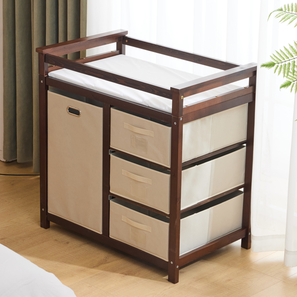 FCH Wooden Frame Removable Top Brown Painted Pine Children's Cot with 3 Fabric Drawers + 1 Fabric Bag