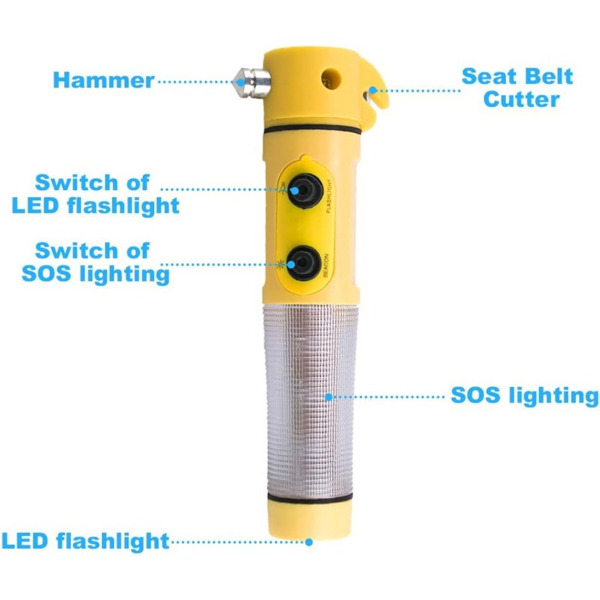 Yellow Multi-functional car safety hammer with Flashlight