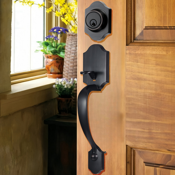 Bronze Front Door Handle and Deadbolt Set with Interior Knob, Adjustable Borehole Distance Single Cylinder Handle Set, Suitable for Right and Left Handed Entries and Front Doors