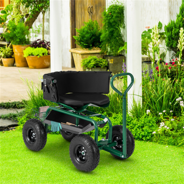 Garden Cart Height Adjustable Scooter with Swivel Seat & Tool Storage Green