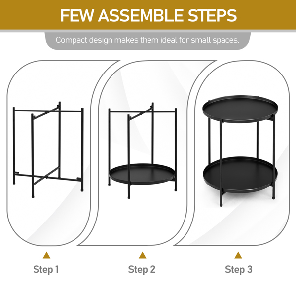 2-Tier Patio Side Table, Outdoor Metal Round Small Coffee Table with Removable Tray, Weather Resistant End Table for Indoor Outdoor Garden Balcony Yard, Black