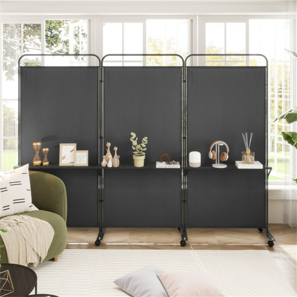 3-Panel Folding Divider with Lockable Wheels and 3 Metal Shelves Black