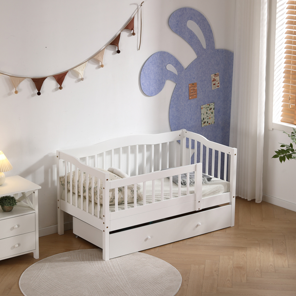 FCH Vertical Fence White Painted Pine Toddler Bed with Bottom Drawer and Side Car Bed